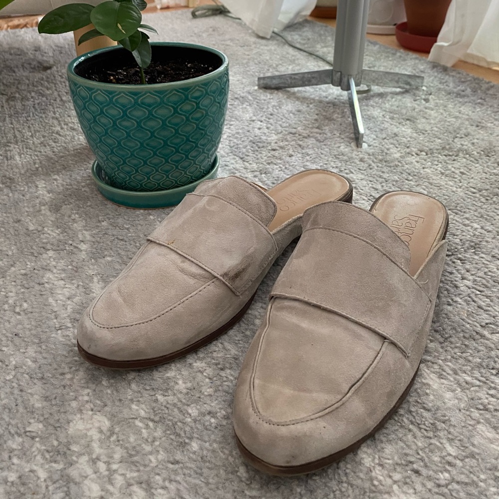grey suede mules